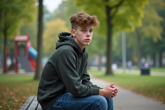 Jeune garçon de 16 ans assis sur un banc de parc