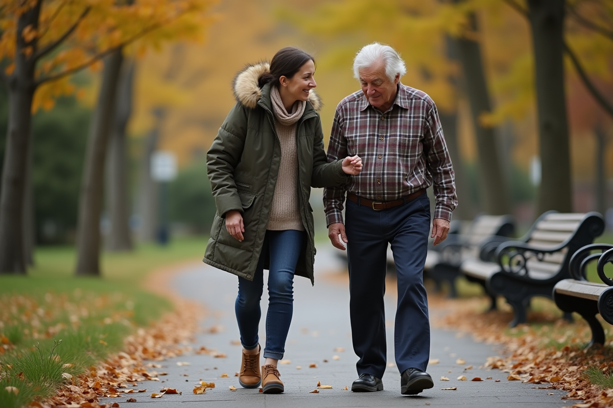 Fille aidant un homme âgé dans un parc en automne