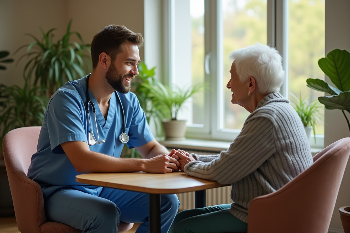 Aide soignant parlant avec une personne age dans un salon