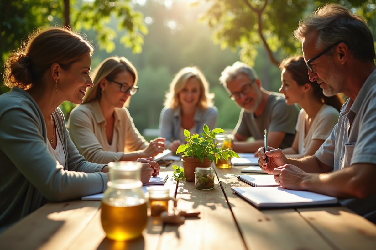 Groupe de naturopathes discutant lors d