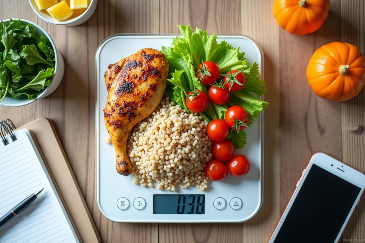 Balance alimentaire avec aliments sains et outils de calcul nutritionnel