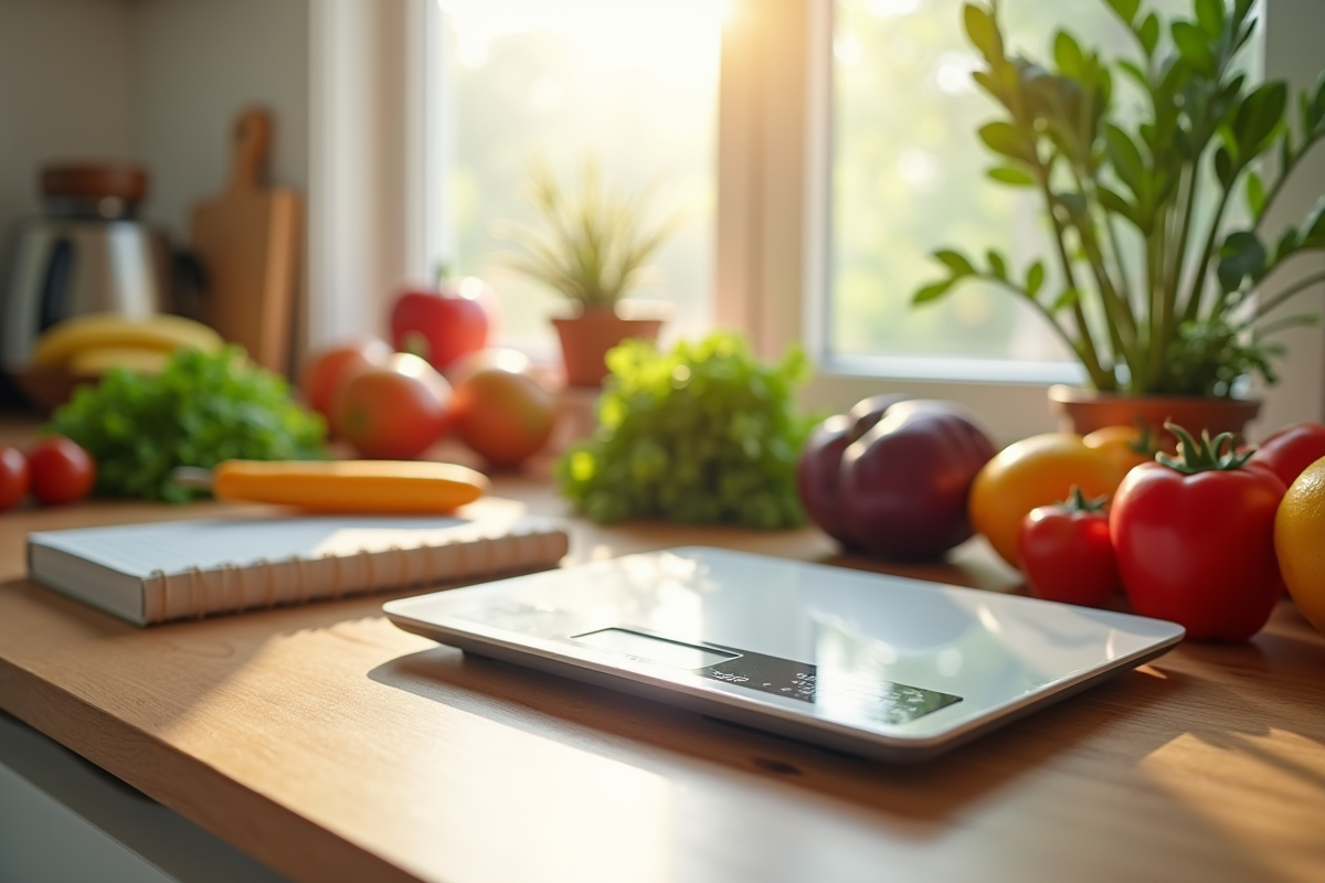 Balance numerique avec fruits et legumes sur table en matinée
