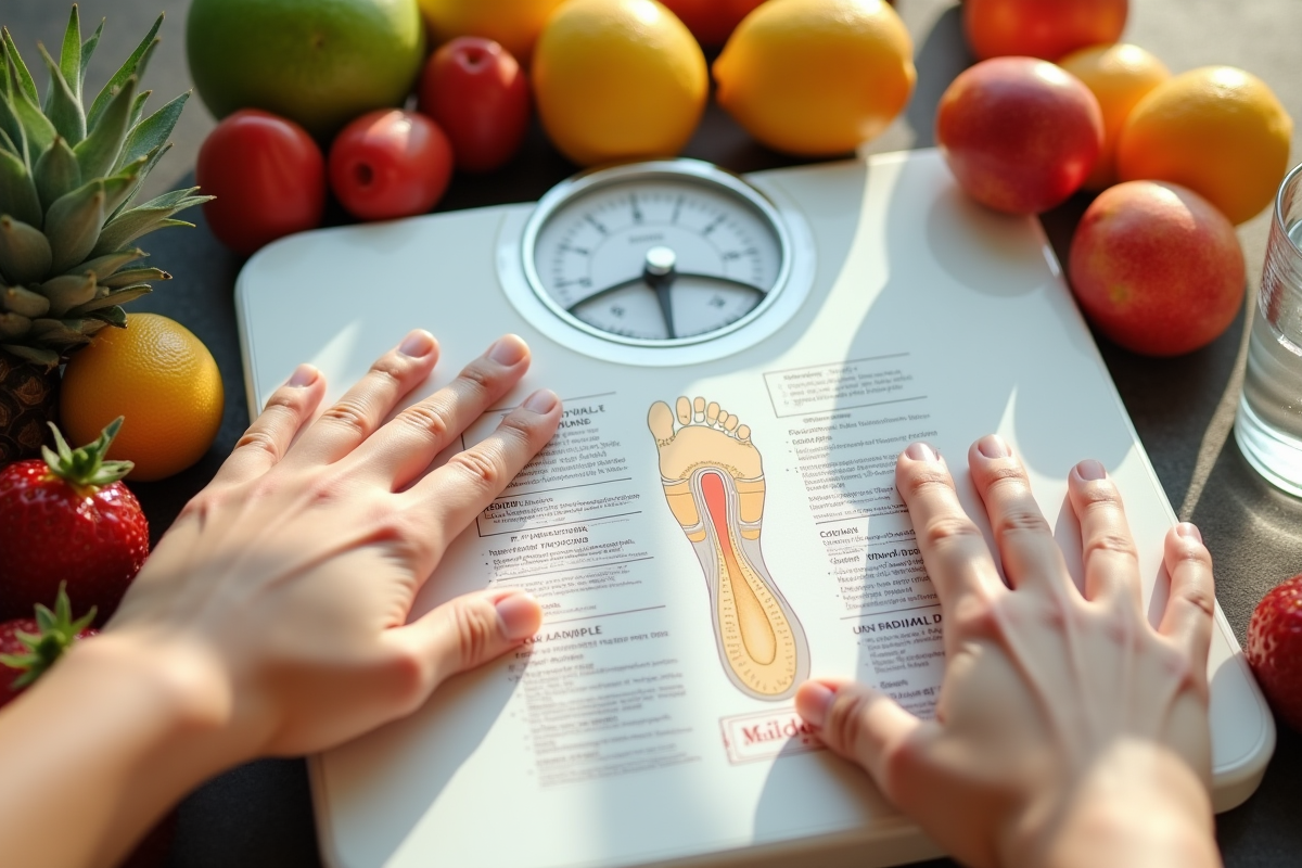 Balance de santé avec fruits et diagramme de reflexologie au matin