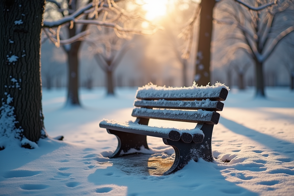 Banc recouvert de givre dans un parc en hiver avec soleil