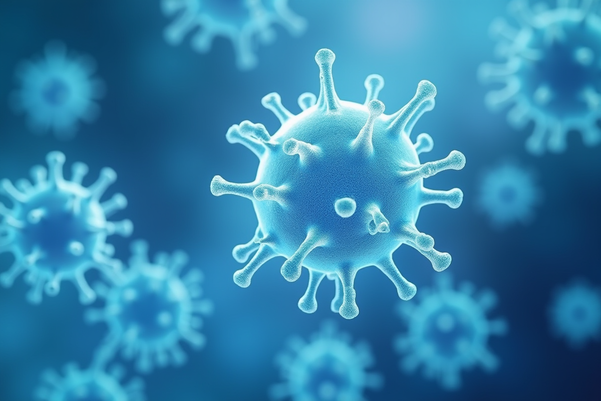 Cellules blanches sous microscope brillant contre un fond bleu