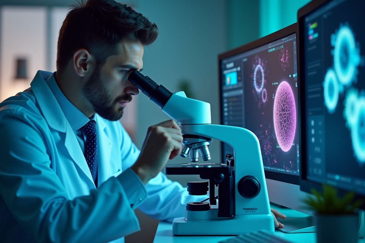 Chercheur en laboratoire étudiant des cellules cancereuses