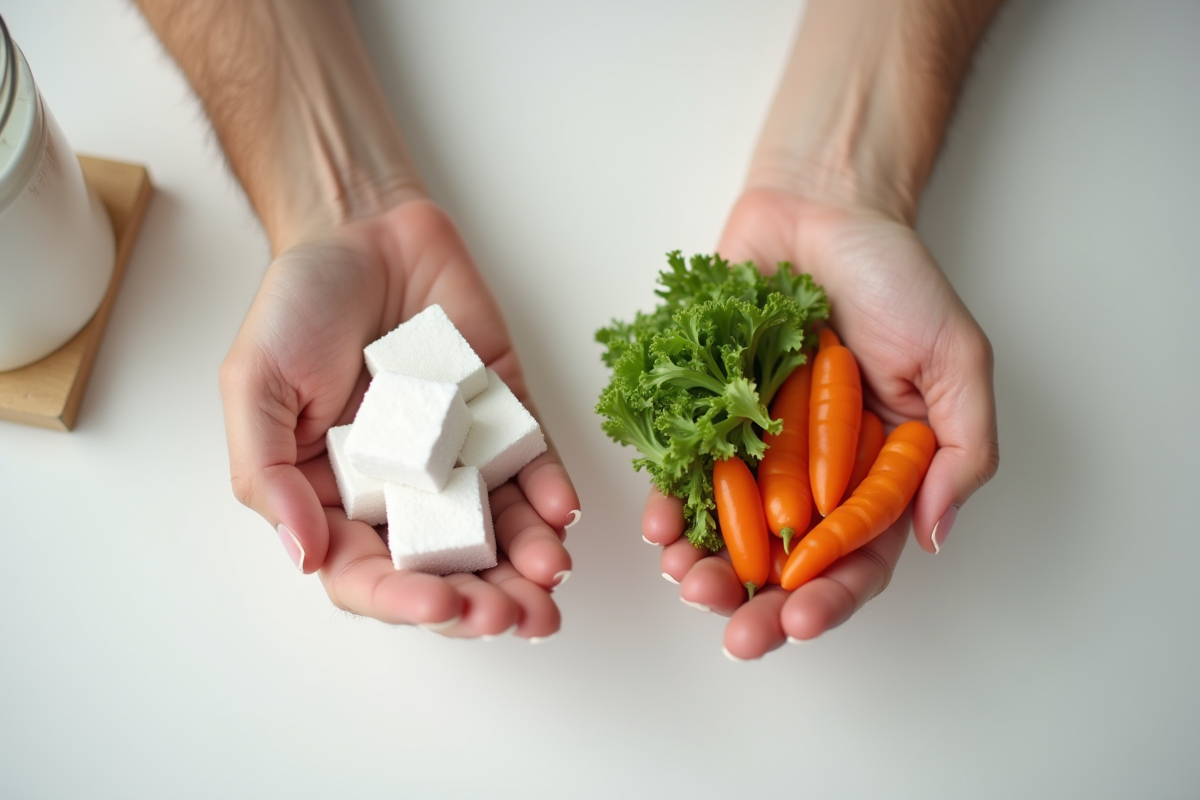 Deux mains avec sucre et légumes symbolisant changement de mode de vie