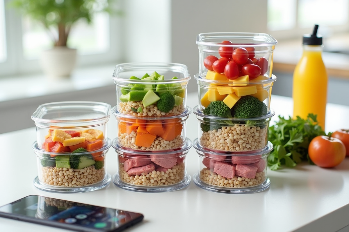 Préparation de repas équilibrés avec contenants et application fitness