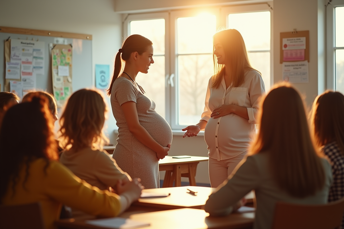 Groupe de futurs parents en formation avec instructrice dans une salle lumineuse