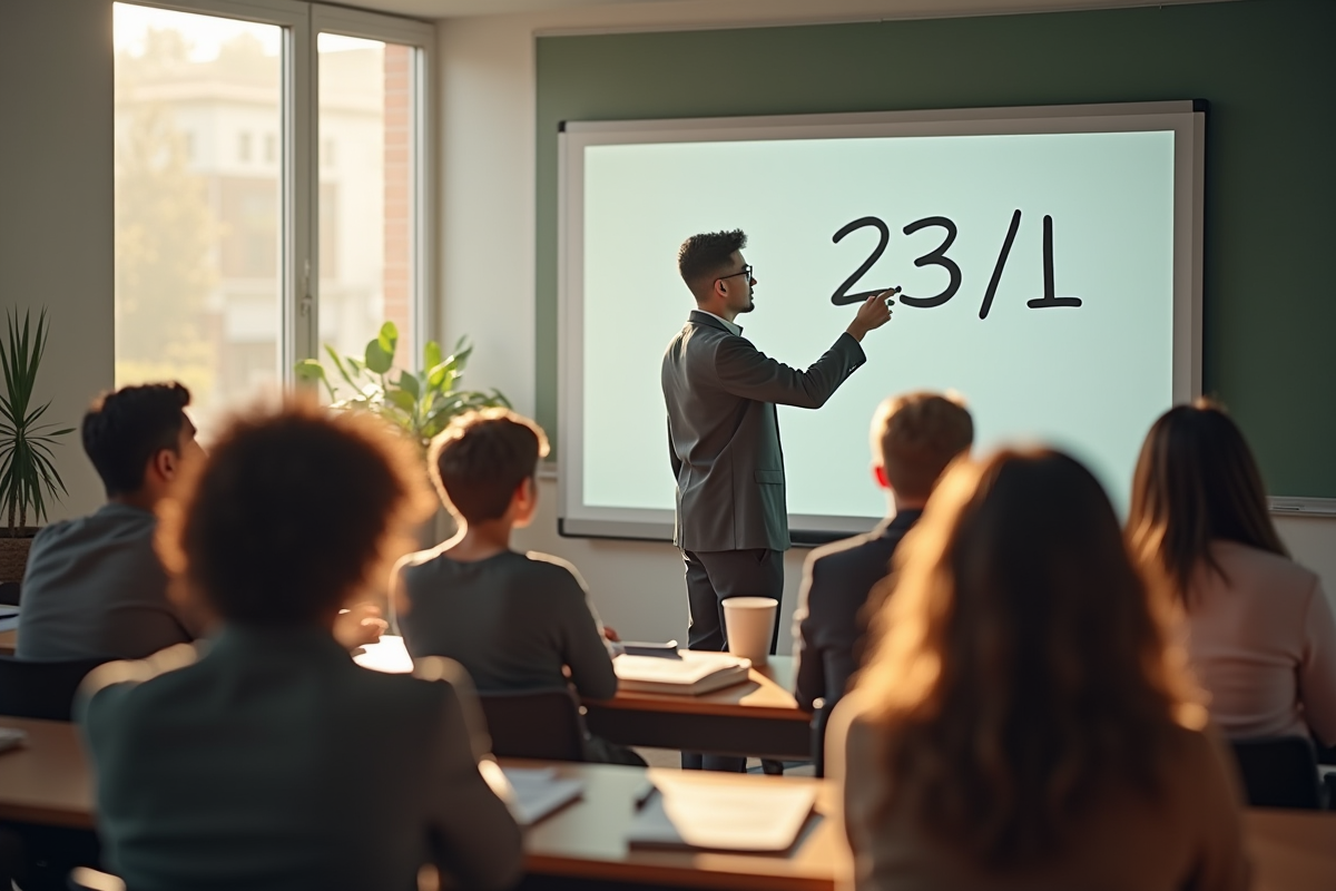 Enseignant expliquant une fraction 23 sur un tableau blanc en classe