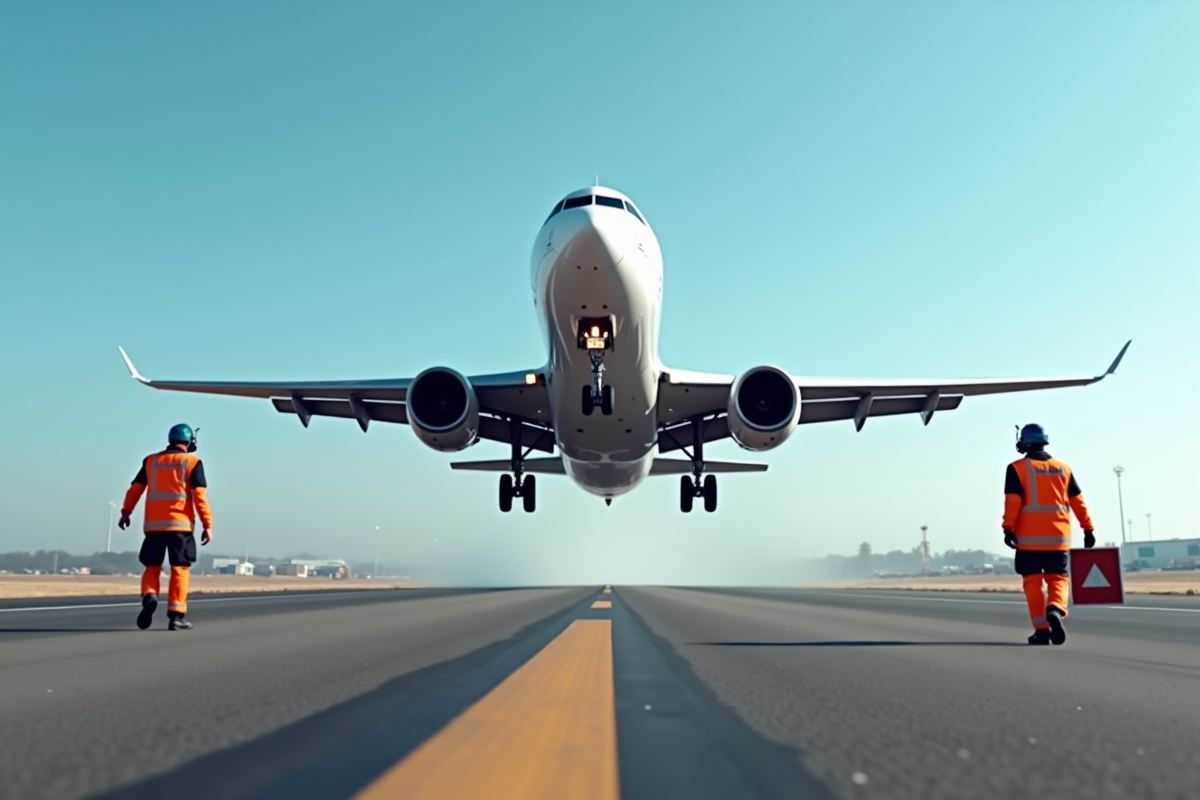 Avion décolle avec équipe au sol portant protection auditive et décibelmètre 120 dB