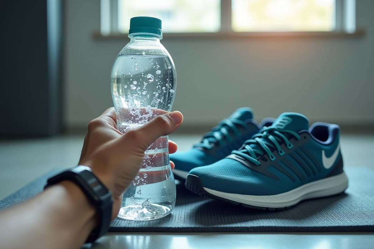 Main tenant une bouteille d eau près de chaussures de sport