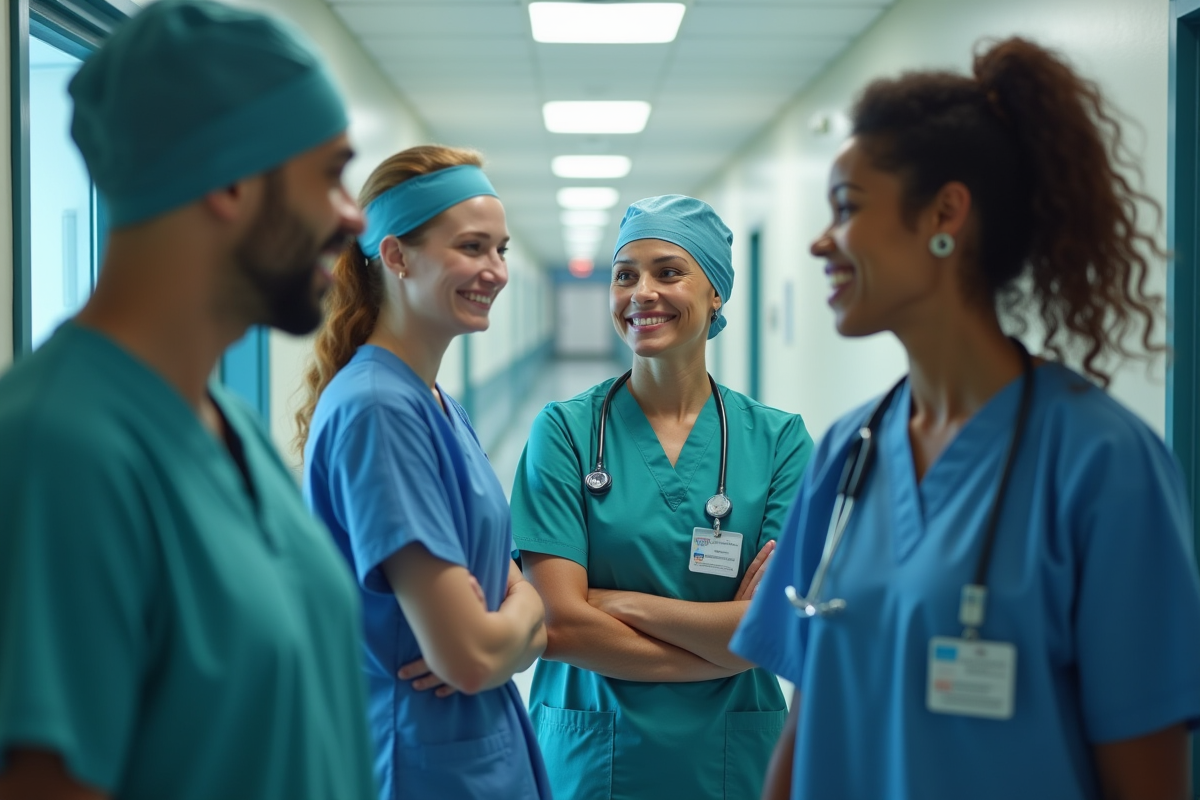 Équipe de professionnels de santé discutant dans un couloir d