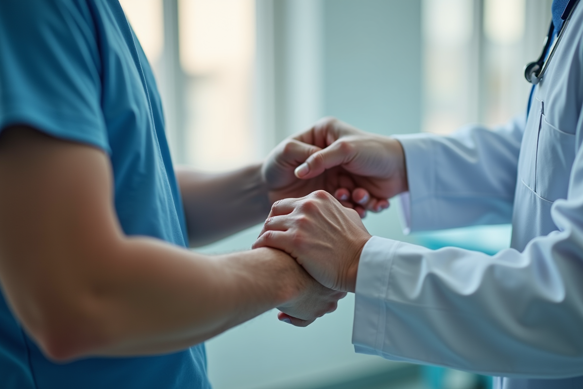 Examen doux de l epaule par un medecin sur un patient en tenue casual