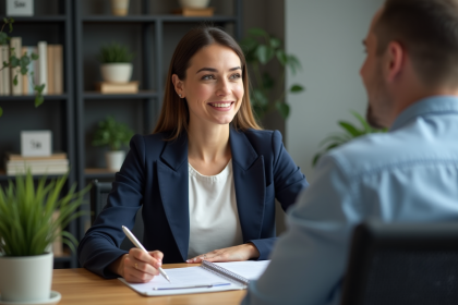Femme en bureau professionnel &eacute;coute attentivement