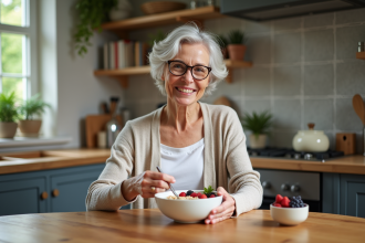 Femme souriante préparant un bol de fruits et avoine dans sa cuisine