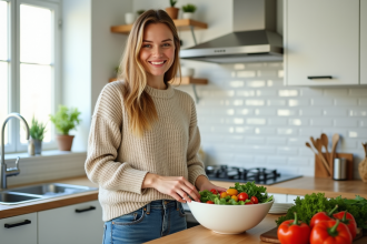 Femme souriante préparant une salade dans une cuisine lumineuse