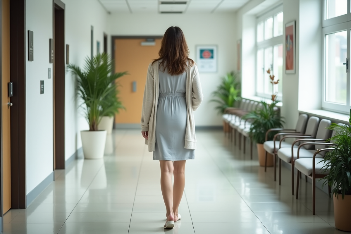 Femme enceinte dans un couloir lumineux en clinique