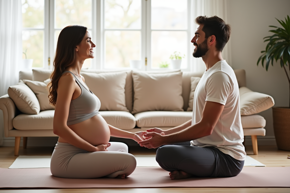 Femme enceinte et son partenaire pratiquant la respiration à la maison
