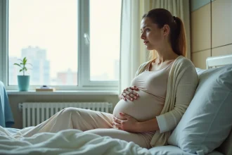 Femme enceinte vérifiant son sac à l'hôpital dans une chambre calme