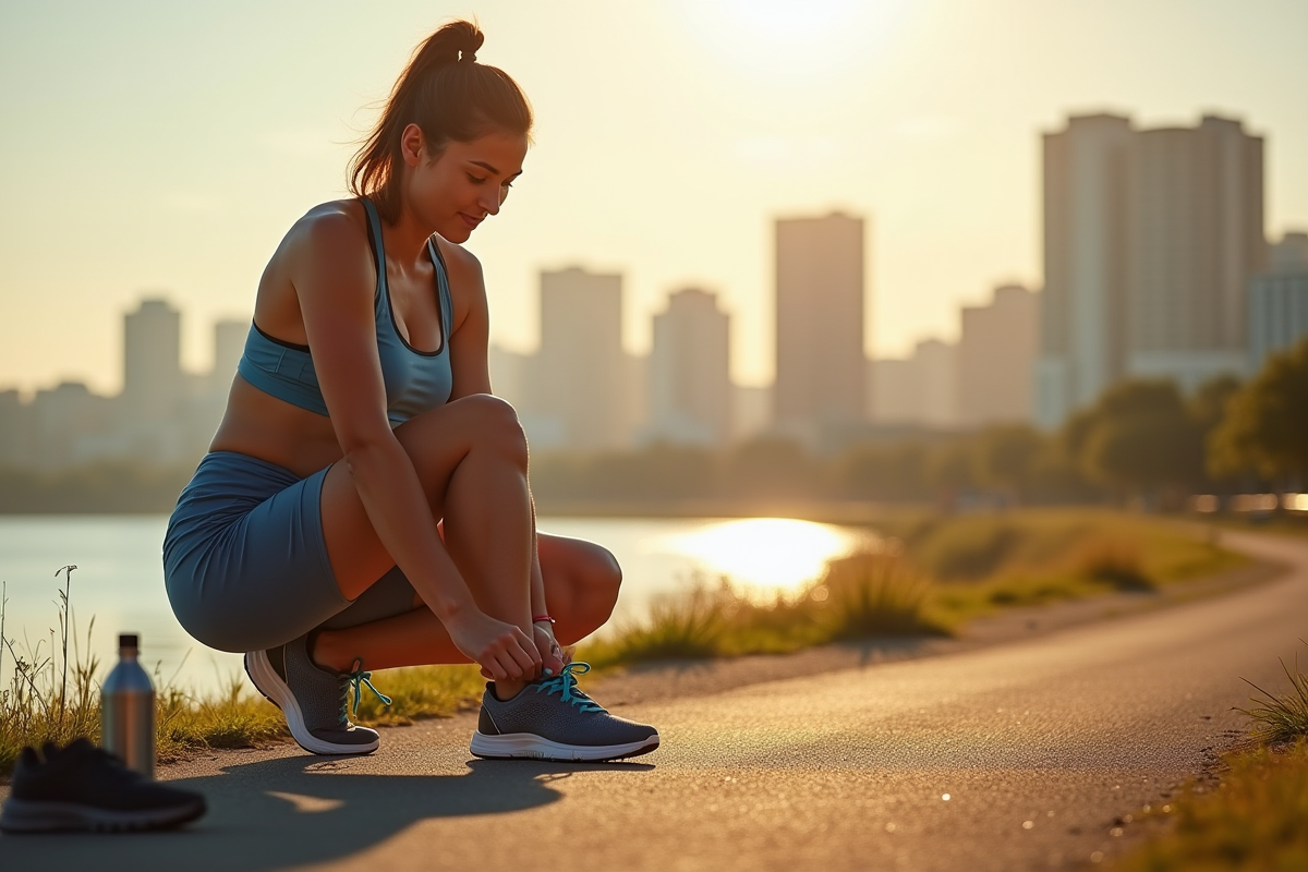 Femme enceinte attachant ses chaussures de course au bord de la rivière