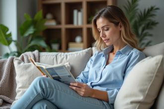 Femme détendue regardant une brochure médicale à la maison