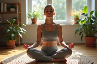 Femme méditant dans un salon lumineux et apaisant