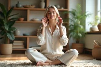 Femme méditant en linge léger dans un salon lumineux