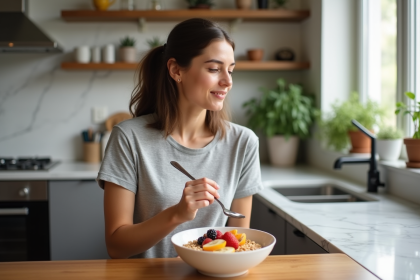 Femme en t-shirt gris dégustant un bol de céréales et fruits frais