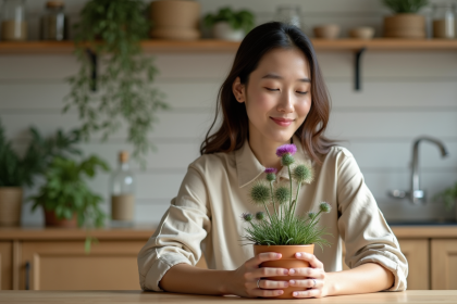Femme tenant une plante de chardon-mil thistle dans la cuisine