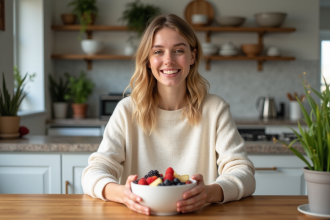 Jeune femme préparant un bol de fruits frais dans la cuisine