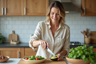 Femme coupant avocat frais avec huile d'olive dans une cuisine moderne