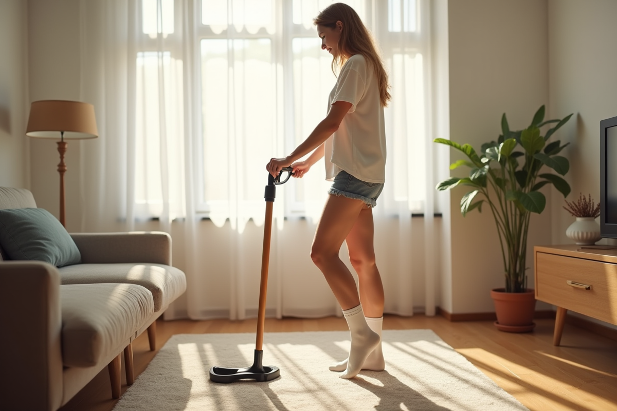 Femme debout dans un salon lumineux utilisant un aide-chaussette pour enfiler ses chaussettes