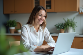 Femme souriante en visioconference médicale à la maison