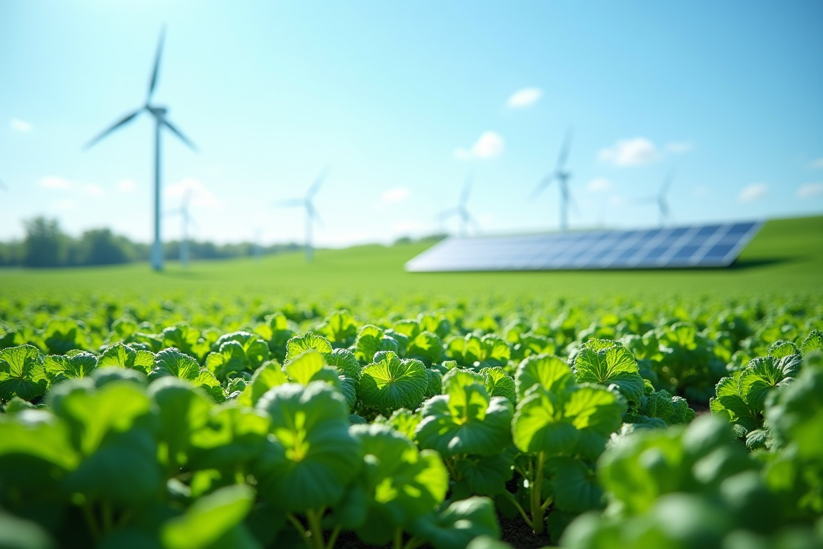 Paysage de ferme végétale avec éoliennes et panneaux solaires