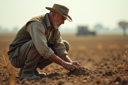 Fermeur en vêtements de travail dans un champ sec