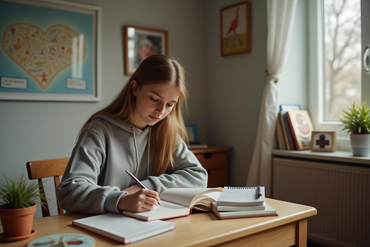 Jeune fille écrivant dans son journal dans sa chambre