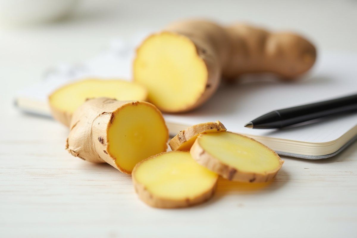 Gingembre frais tranché et entier sur une table blanche minimaliste