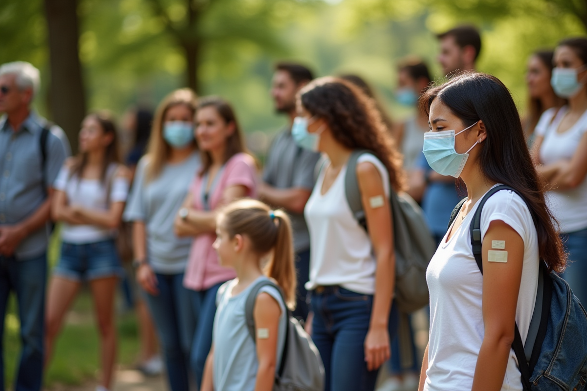 Groupe diversifié de personnes dans un parc avec des pansements après vaccination