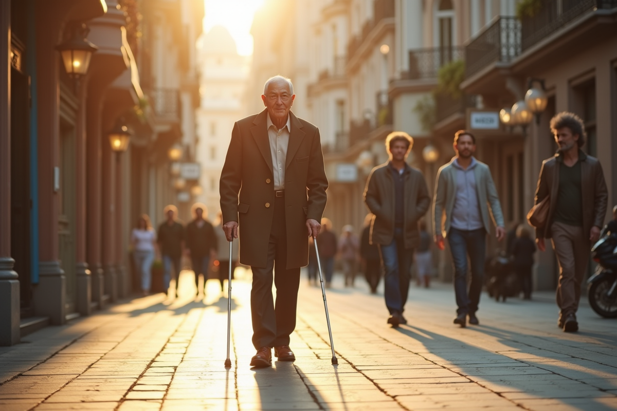 Homme âgé avec canne marchant sur un trottoir ensoleillé