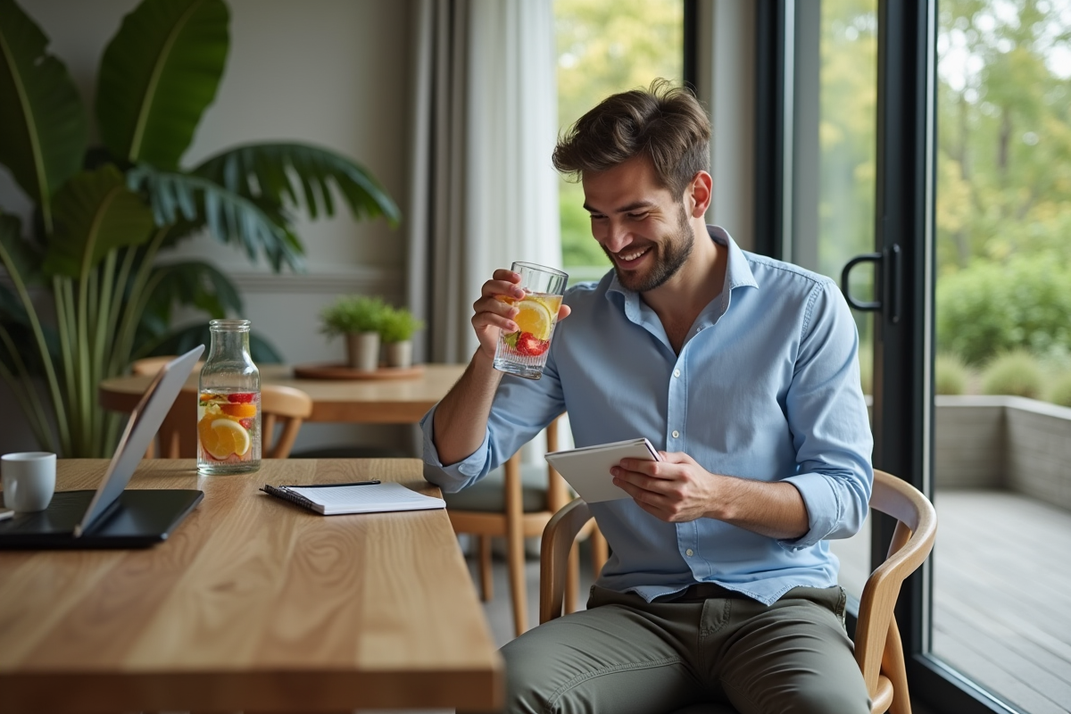 Homme buvant une eau infusée assis à la table