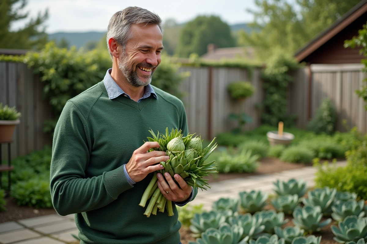 Homme souriant dans un jardin avec des feuilles d artichaut