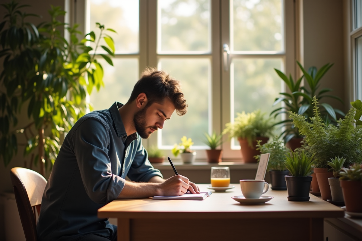 Homme écrivant dans un bureau lumineux entouré de plantes