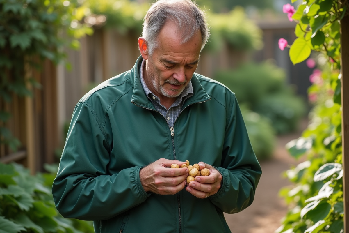 Homme mangeant des noix dans un jardin verdoyant