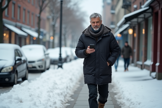 Homme d'âge moyen marche dans la ville enneigée avec smartphone