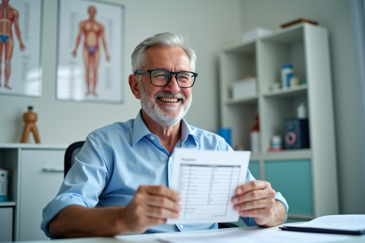 Homme âgé souriant après sa vaccination en cabinet médical