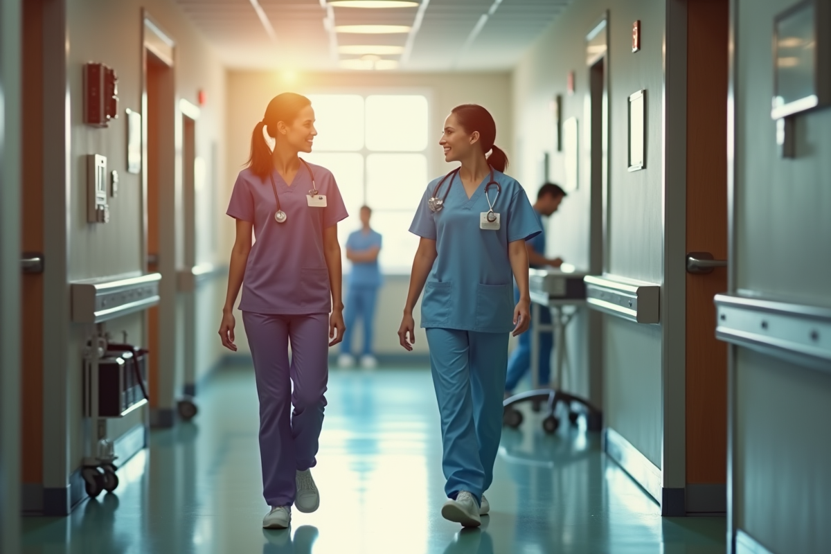 Infirmiere en tenue discutant avec une cadre senior dans un couloir hospitalier