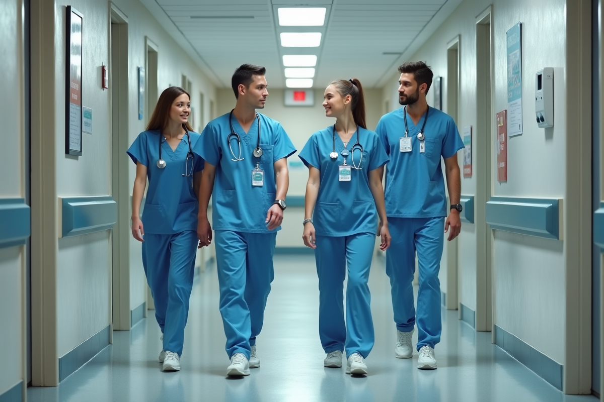 Jeunes internes médicaux dans un couloir d