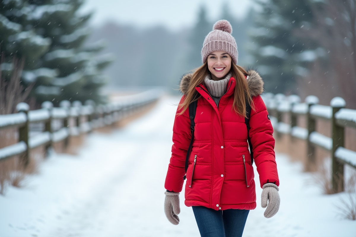 Jeune femme souriante marche dans la campagne enneigée