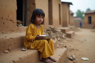 Jeune fille assise sur les escaliers d'une maison en terre